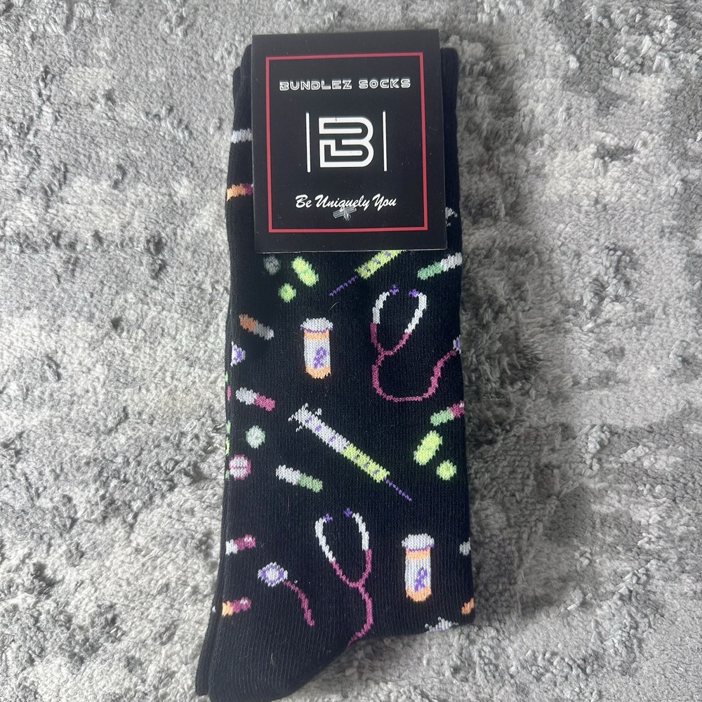 Bundlez Socks Medical Nurse Doctor Theme Crew Socks Black Adult Size NWT